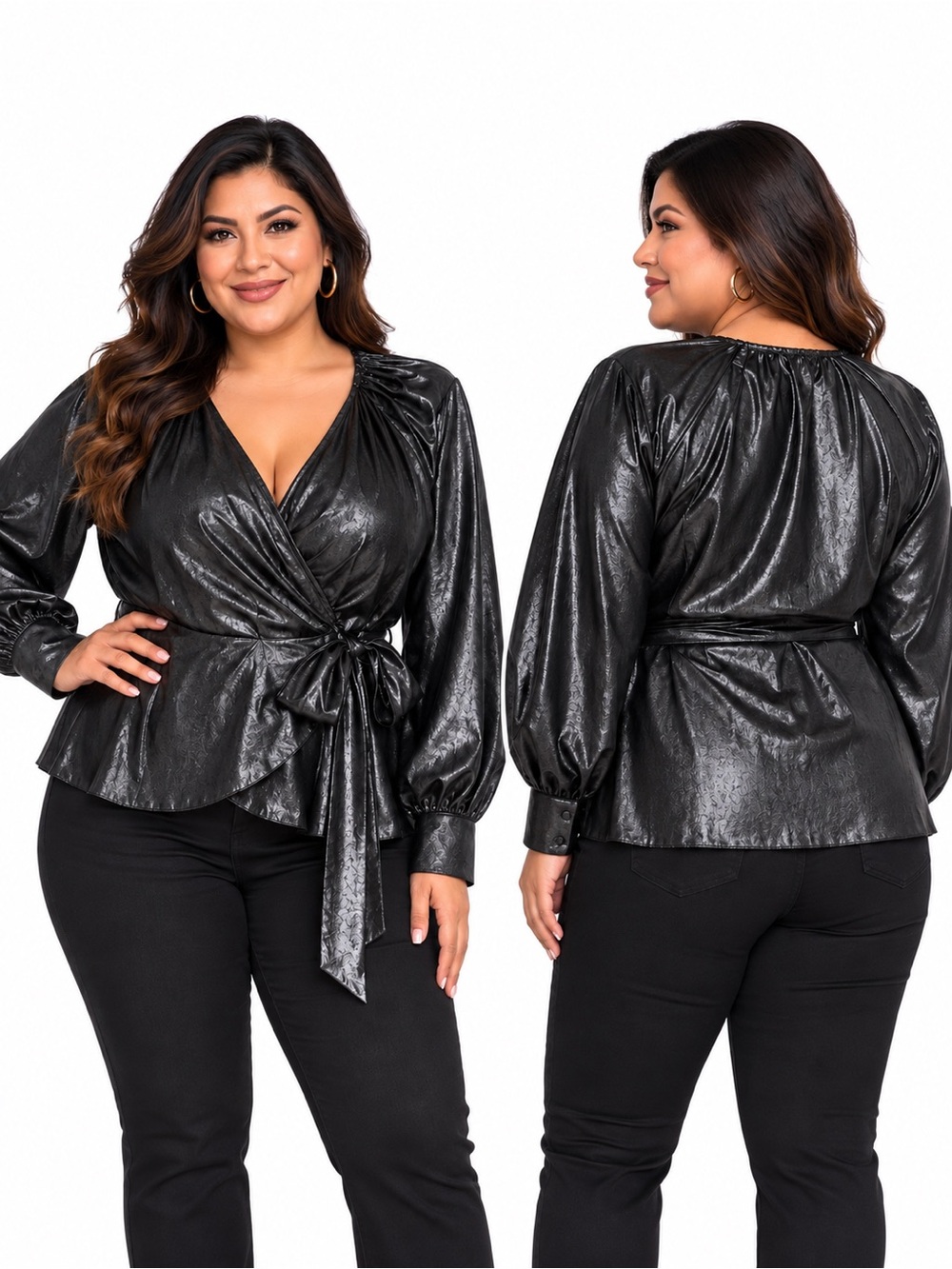 Parker Sheridan Metallic Wrap Blouse Black Silver Going Out Top XL